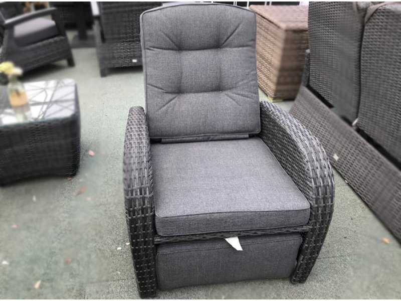 Grey Reclining Rattan Chair + Built in Footrest Garden Furniture UK